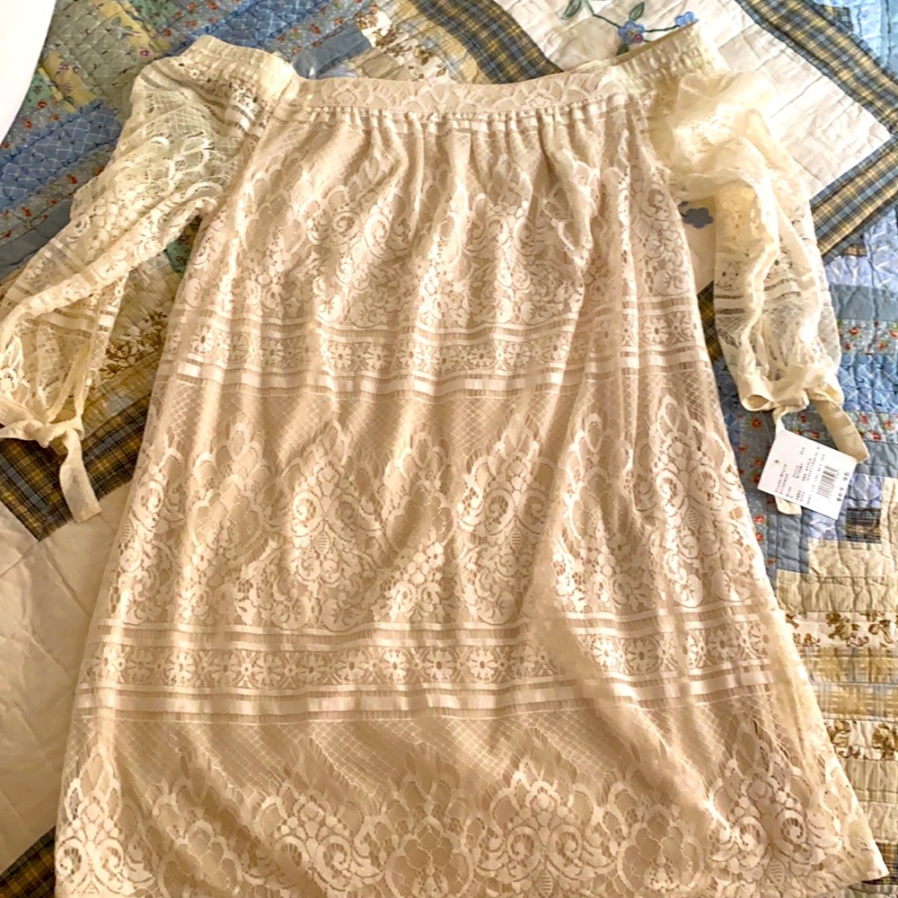 David’S Bridal off the shoulder lace midi dress!